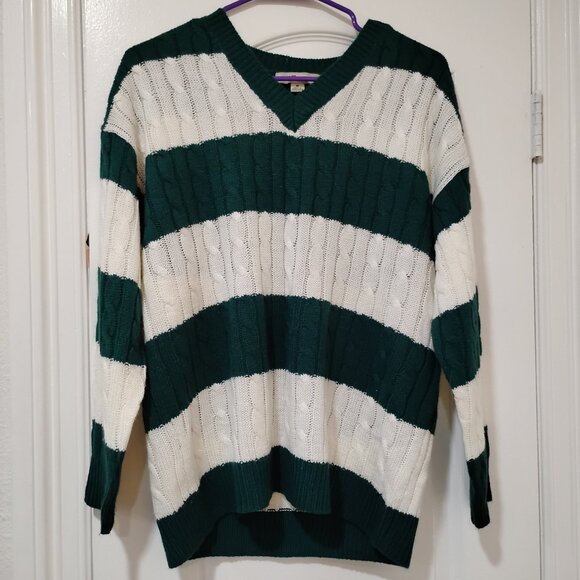 Love Change Sweaters - Love Change Italy V-neck Knit Green and White Striped Sweater | Womens Sz Medium